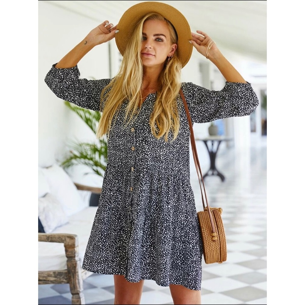 Dalmatian print button dress long sleeve black - Picture 2 of 2